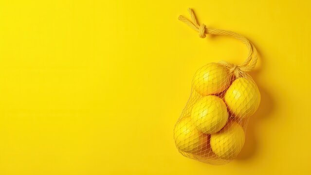 fresh lemons in mesh bag on yellow background flat lay with copy space