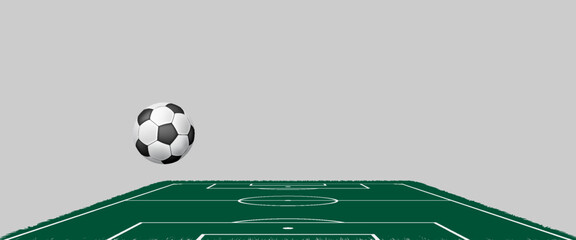 Minimal soccer field background with floating football ball, green perspective stadium ground, clean sport illustration, modern geometric football wallpaper, simple outdoor game concept. © ABD