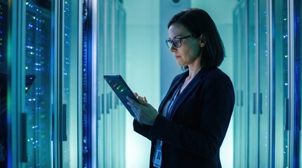 Fototapeta premium Female IT engineer monitoring server racks with digital tablet in data center. Cloud computing and network management.