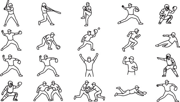 Line art illustrations of baseball players in various actions like pitching batting catching and running on grid background.