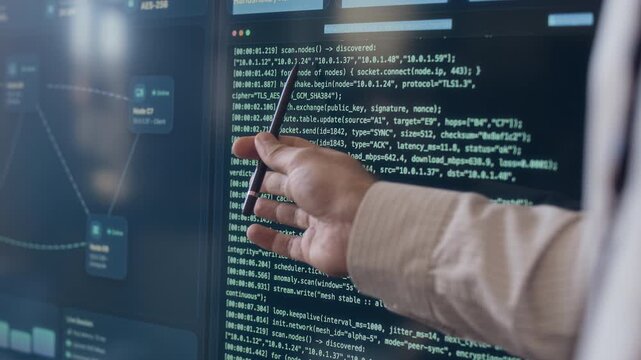 Cropped shot of hands of unrecognizable programmer analyzing coding script on computer monitor during presentation in office