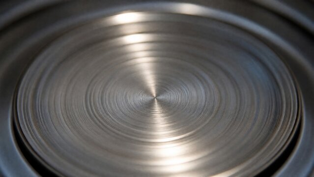 Concentric circular metal patterns creating light halo effect on polished steel surface. 
