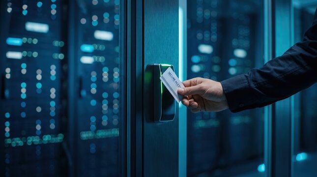 Cybersecurity and data center access concept, hand scanning identification card on reader. Physical protection, authorized entry and IT infrastructure safety.