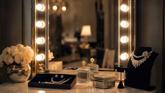 A glamorous dressing room mirror with border lights reflecting jewelry in soft lighting. 