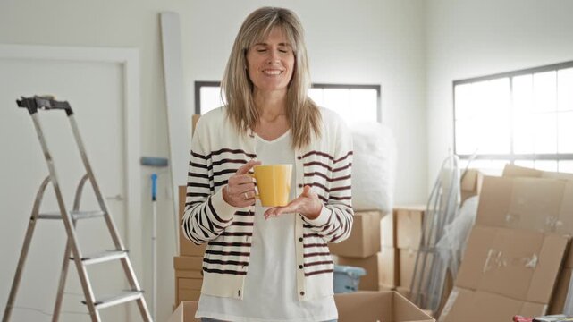 Woman holding yellow mug and smiling while standing among moving boxes and ladder in a building; serenity.