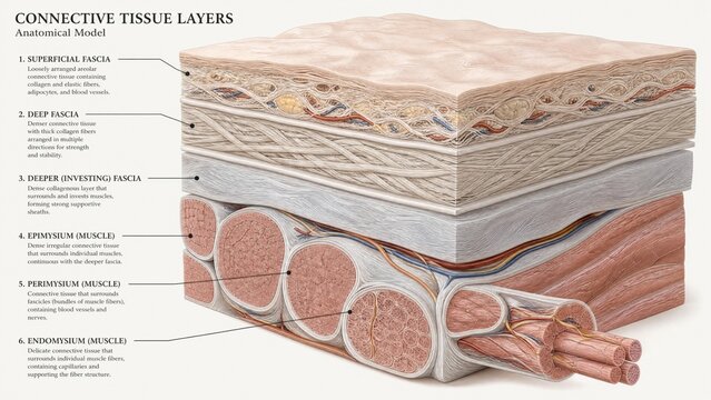 Anatomical model of connective tissue layers in neutral tones, medical illustration style. 