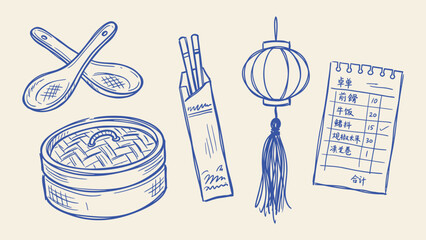 Hand drawn blue line art of Chinese restaurant elements including dim sum steamer chopsticks spoons lantern and order pad vector illustration for Asian cuisine menu design © Zyariss