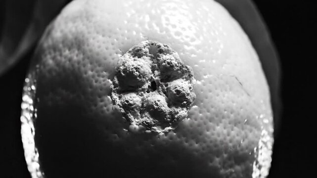 Black and white close up of a lemon on a branch with a blemish against a dark background with fog or smoke