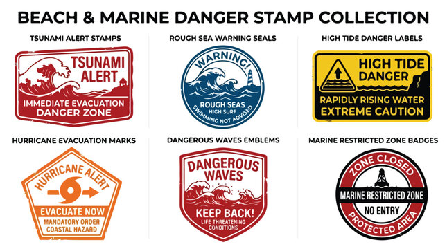 Beach and marine danger stamp collection, tsunami alert and hurricane evacuation marks, high tide and rough sea warning labels, set of 6 vector signs
