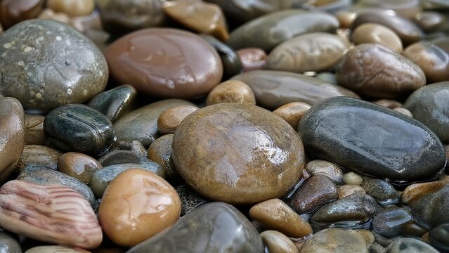  Smooth river stones polished by water, reflecting soft daylight on a riverbed. 