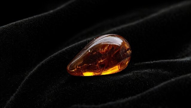  Single tear of dark myrrh resin resting on deep black velvet fabric. 