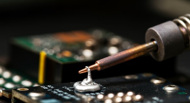 Extreme close up glowing hot copper soldering iron tip melting silver.