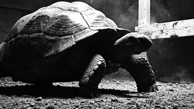 Low angle monochrome shot of a large tortoise walking slowly on a gritty, textured surface with a wooden support in the background