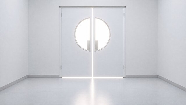 White double doors with round window, light streaming through, minimalist passage. 