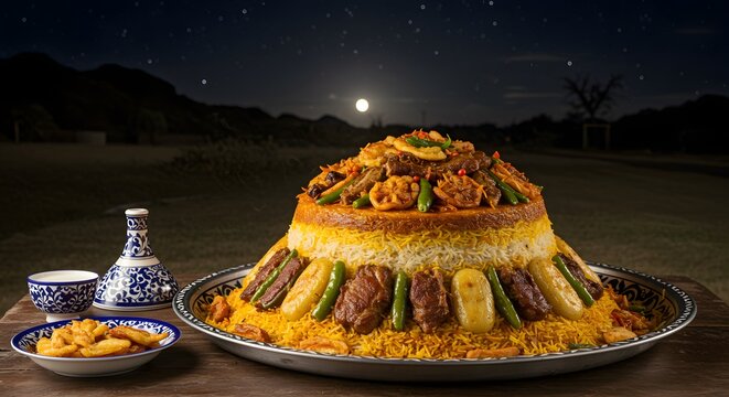 Traditional kabsa rice dish with meat and vegetables under the night sky arabian food middle easte