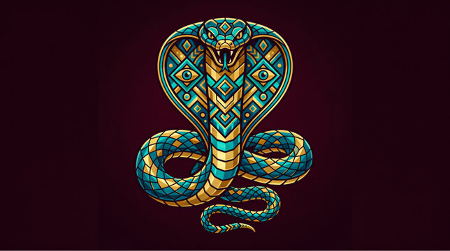 Ornate Geometric King Cobra Illustration Teal and Gold Tribal Snake Art