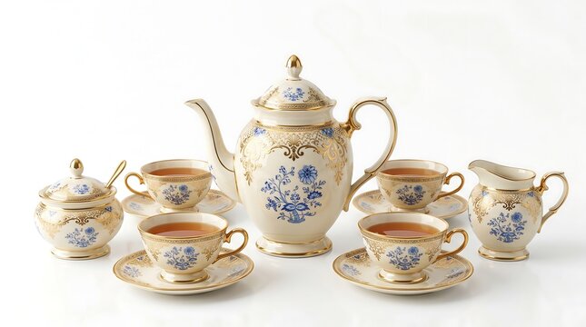 Vintage porcelain tea set with blue floral patterns and gold accents on white background