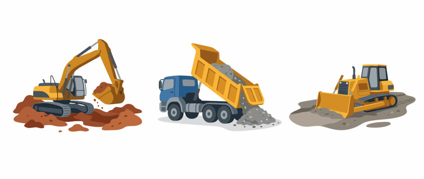 Heavy Construction Machinery Set with Excavator Dump Truck Bulldozer
