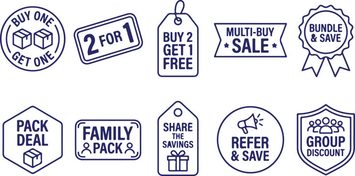 Blue offer tags and labels for sales promotions like buy one get one and bundle deals.