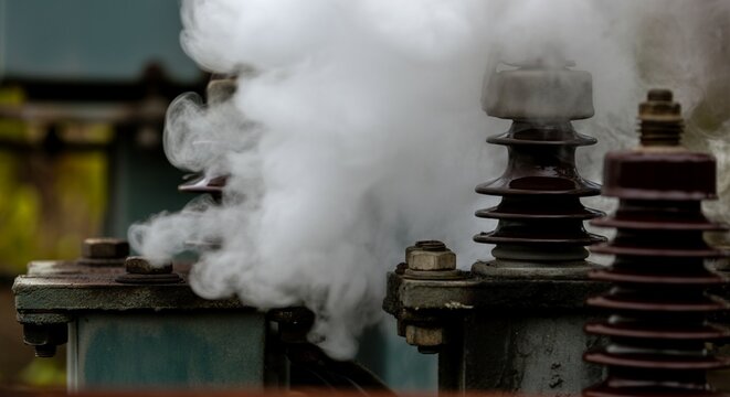 Macro photography thick white smoke billowing overheated electrical transformer box.