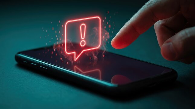 Cyber security alert concept, red exclamation mark icon glowing over smartphone screen. Mobile warning notification, data breach and digital threat 3D render illustration.