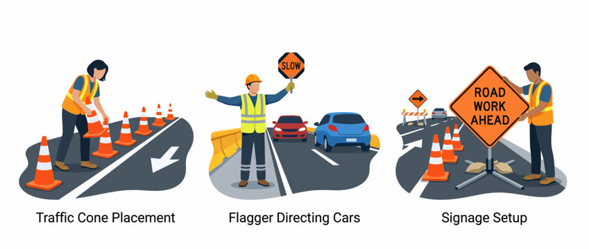 Road construction workers managing traffic and safety signage
