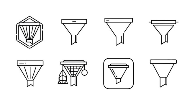 Set of minimalist funnel line icons for data analysis and filtering