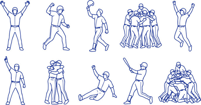 Baseball players celebrating victory with team hug and cheering on checkered background.