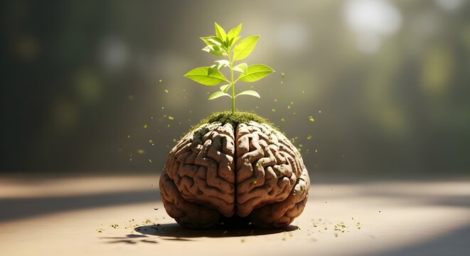 Growth Mindset Concept with Plant Sprouting from Stylized Brain Vector Illustration