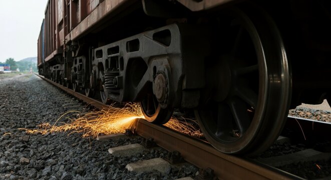 Macro detail heavy freight train steel wheel locked sparking violently.