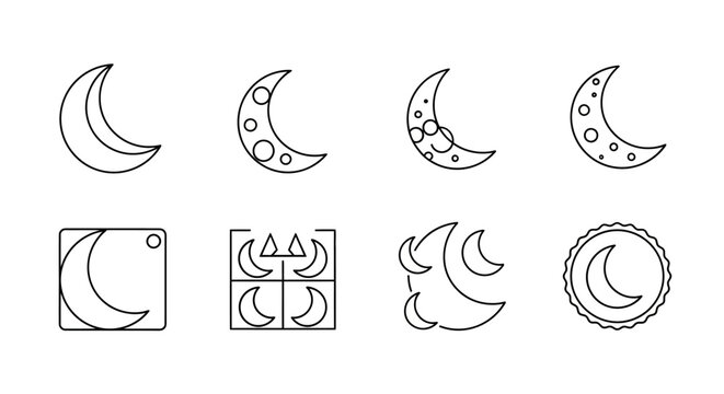 Set of Crescent Moon Line Icons for Celestial Design
