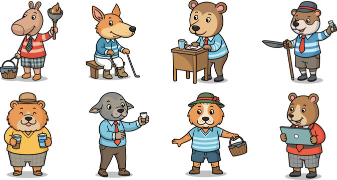 Professional Anthropomorphic Animal Character Set Featuring Bears Dogs and Pigs in Various Activities and Professions for Creative Kids Design Projects