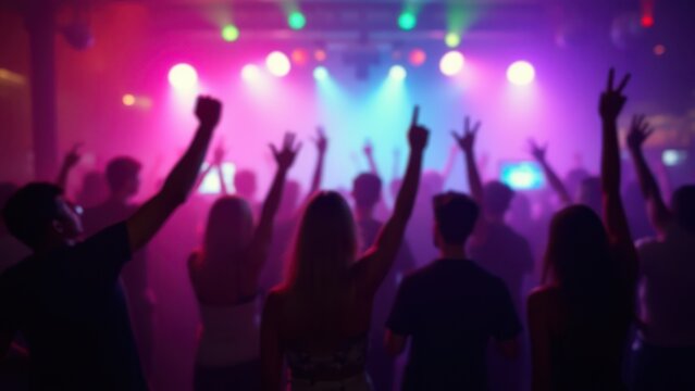 blurred colorful party lights with raised hands nightclub celebration background