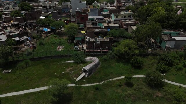 Aerial view of Kaliya Naag Temple and garden in Jait, Mathura