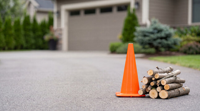 Cut tree branch stacked on driveway next to traffic cone. Wood logging and forestry cleanup in suburban residential area. Timber material ready for firewood or yard waste removal.