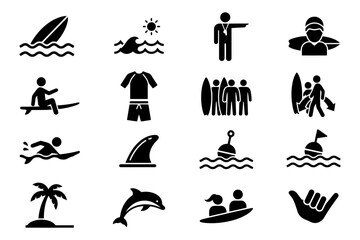 Obraz premium Surfing icons: beach activities, swim gear, tropical vacation, water sports symbols.