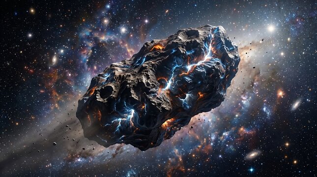 Asteroid in Space with Glowing Blue and Orange Lightning