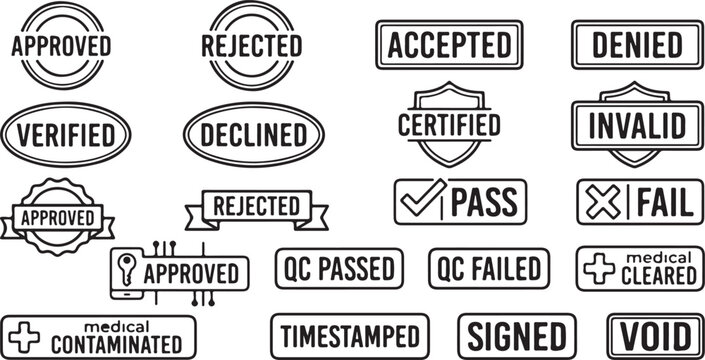Collection of approved rejected accepted denied verified certified pass fail and medical stamps.