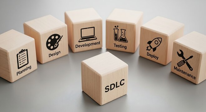 Wooden blocks illustrating the Software Development Life Cycle (SDLC) stages: Planning, Design, Development, Testing, Deploy, and Maintenance.
