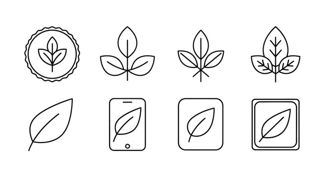 Set of eco-friendly leaf icons in minimalist black line art style
