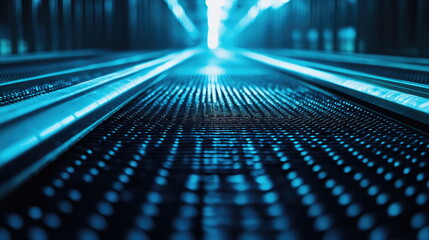 Fototapeta premium Escalator steps are moving forward, creating an abstract perspective with glowing blue light, depicting concepts of modern technology, advancement, and digital movement