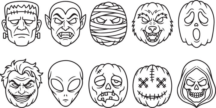 Set of iconic monsters and spooky Halloween characters in outline style for design.