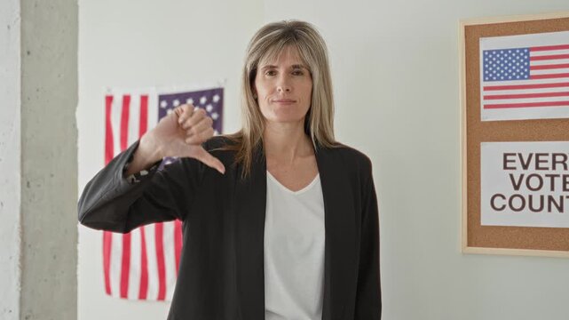 Woman with blonde hair showing thumbs down to voting poster and us flag on corkboard in polling building lobby wearing black blazer and white shirt; civic disapproval.