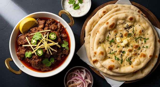 Lamb curry served in a traditional metal bowl is accompanied by freshly baked naan bread.