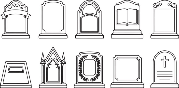 Assortment of memorial gravestones and tombstones in various styles for cemetery icon set.