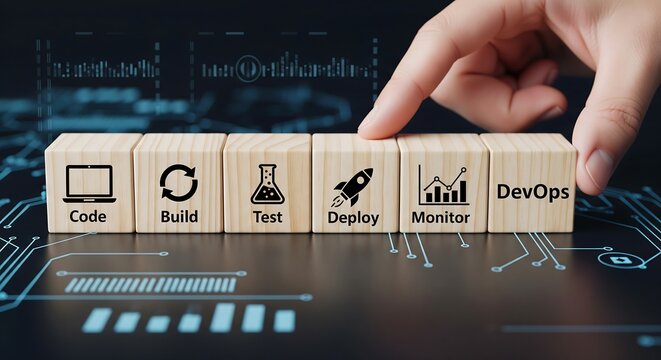 DevOps lifecycle represented by wooden blocks with icons for code, build, test, deploy, and monitor, emphasizing continuous integration and delivery in technology.