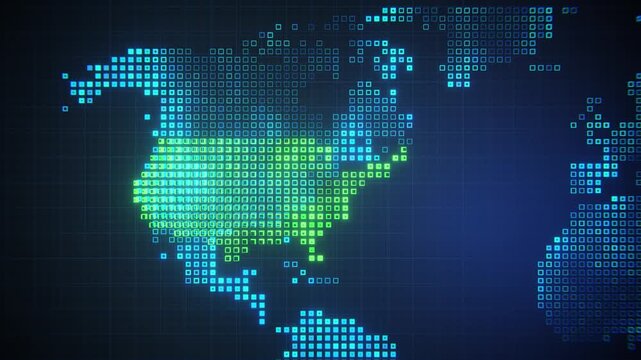 Seamless loop global world map with green USA in blue technology background