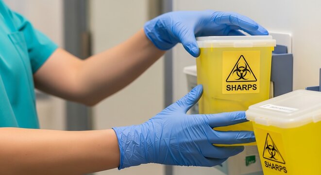 Healthcare worker in blue gloves places a yellow biohazard sharps container into a wall-mounted holder.