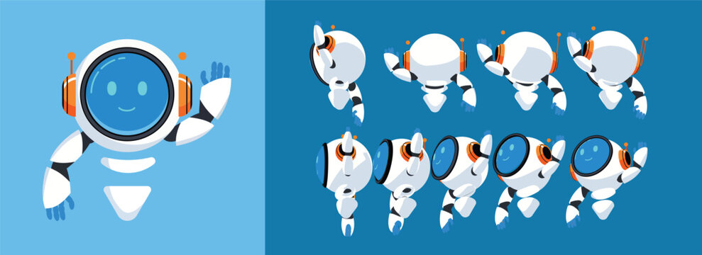 Cute robot character waving and in various poses, flat vector illustration set