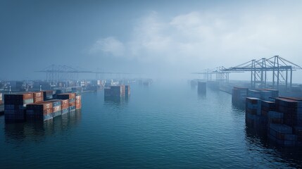 Obraz premium Shipping containers and massive gantry cranes stand in an expansive industrial port shrouded in atmospheric fog, illustrating global logistics, commerce, and cargo movement